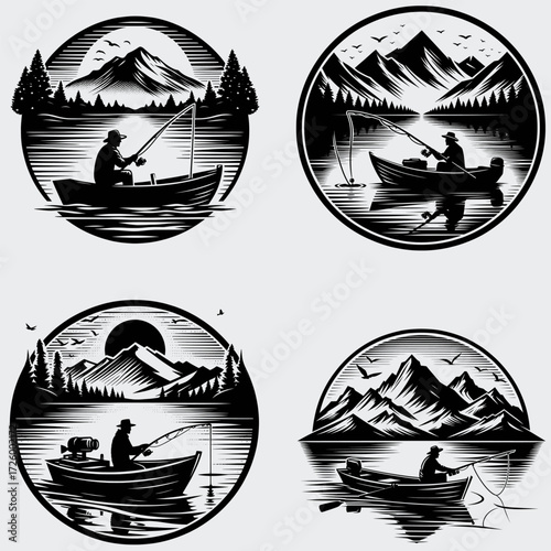 Fisherman Boat Fishing Lake and Mountain SVG Bundle, Boat Fishing SVG, Fisherman SVG, Nature SVG, Lake SVG, Fishing SVG, Silhouette, Vector, Cutting File For Cricut