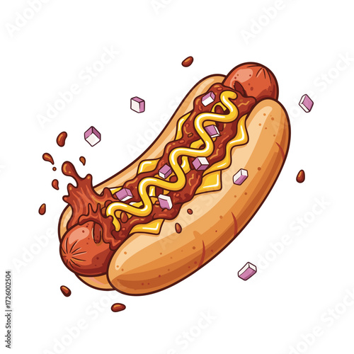 Cartoon hot dog with mustard and chili on white background  