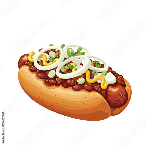 Hot dog with chili, onions, and mustard on a white background  