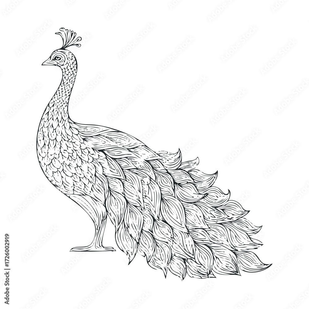 Fototapeta premium Elegant peacock showcasing vibrant feathers in intricate design. Vector black icon