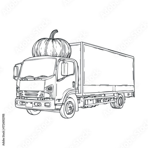Delivery truck carrying a pumpkin for fall harvest season. Vector black icon
