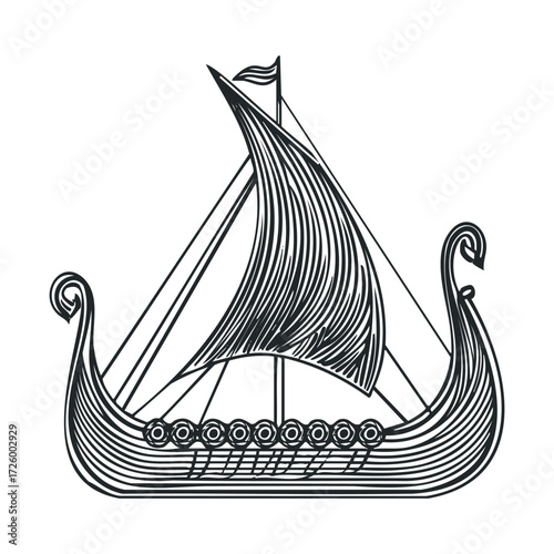 Viking ship design for historical storytelling and art projects. Vector black icon
