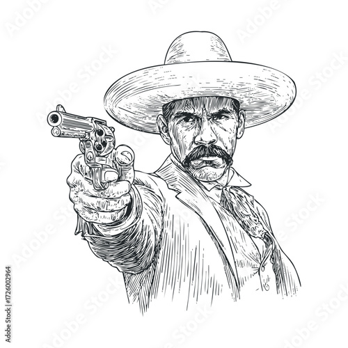 Gunfighter in traditional attire, revolver drawn. Vector black icon
