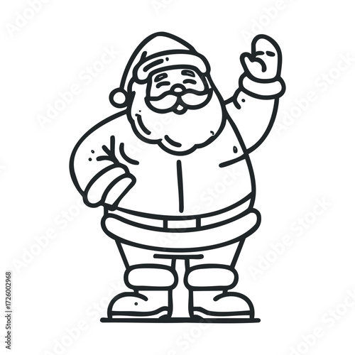 Cheerful Santa Claus waving for holiday celebrations and greetings. Vector black icon