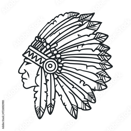 Native American chief in traditional headdress for culture. Vector black icon