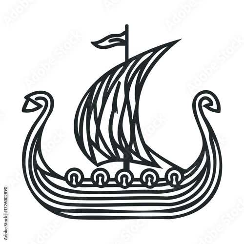 Viking ship design for creative projects and historical themes. Vector black icon