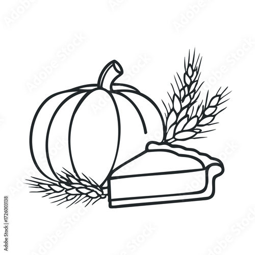 Pumpkin and pie arrangement for autumn celebration. Vector black icon