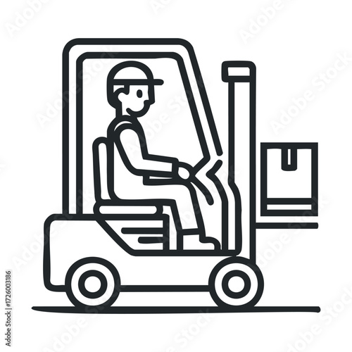 Operator using a forklift for warehouse loading tasks in logistics. Vector black icon