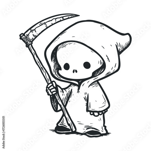 Cute Grim Reaper character holding a scythe for Halloween design. Vector black icon