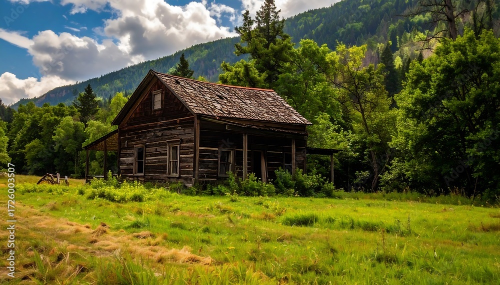 Obraz premium Rustic Abandoned Log Cabin in Mountain Meadow
