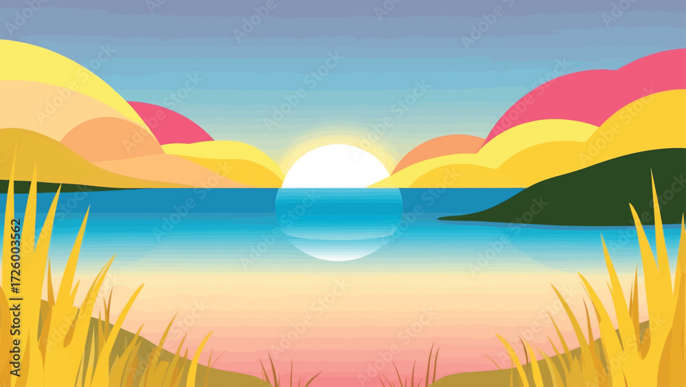 Fototapeta premium Vibrant abstract landscape with sun setting over a calm lake and colorful hills
