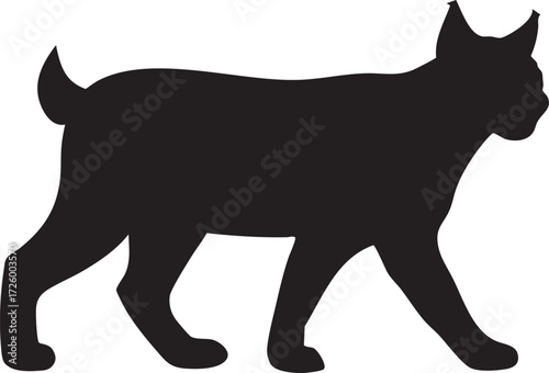 Black silhouette of a walking lynx cat with pointed ears isolated on white background silhouette