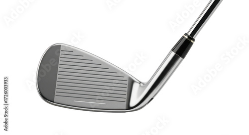 Close up view of a modern golf iron club head and shaft isolated on black