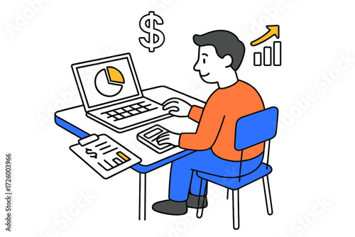 Person analyzing financial data at a desk with laptop and documents during a working day
