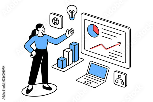 Businesswoman presenting data insights with charts and graphs in a digital workspace
