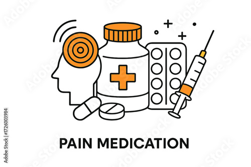 Pain medication and its components illustrated in a simple and educational style to highlight medical care importance