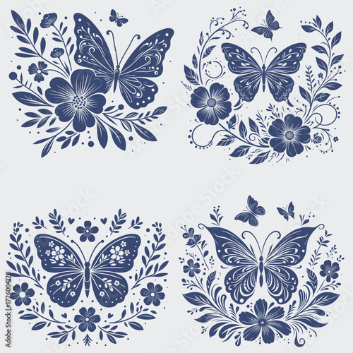 Floral Butterfly Vector SVG Bundle, Flower SVG, Butterfly SVG, Floral Butterfly SVG, Silhouette, Vector, Cutting File For Cricut, Butterfly Wing SVG