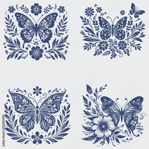 Floral Butterfly Vector SVG Bundle, Flower SVG, Butterfly SVG, Floral Butterfly SVG, Silhouette, Vector, Cutting File For Cricut, Butterfly Wing SVG