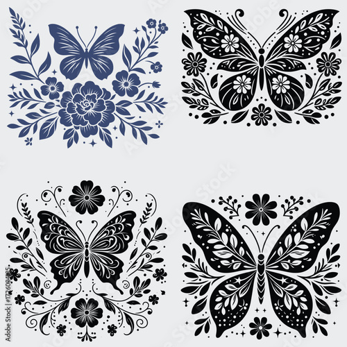 Floral Butterfly Vector SVG Bundle, Flower SVG, Butterfly SVG, Floral Butterfly SVG, Silhouette, Vector, Cutting File For Cricut, Butterfly Wing SVG