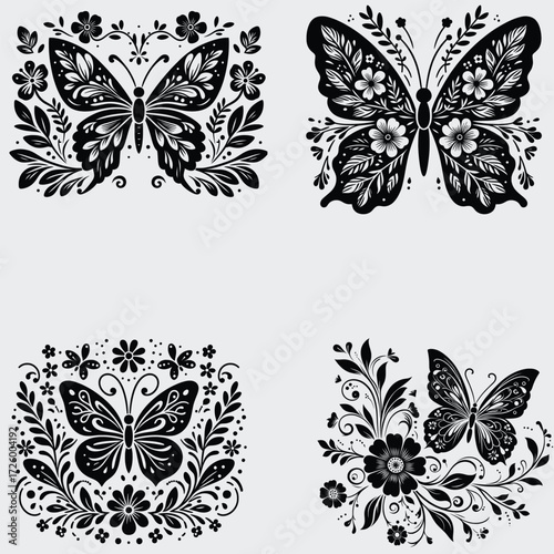 Floral Butterfly Vector SVG Bundle, Flower SVG, Butterfly SVG, Floral Butterfly SVG, Silhouette, Vector, Cutting File For Cricut, Butterfly Wing SVG