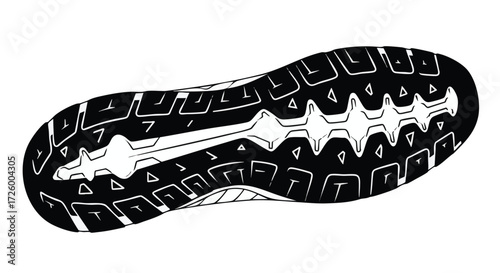 A detailed illustration of the sole of a running shoe, showcasing its intricate tread pattern for optimal grip and traction.