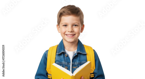 Happy young boy wearing a denim jacket and yellow backpack holding an open book with a smile
