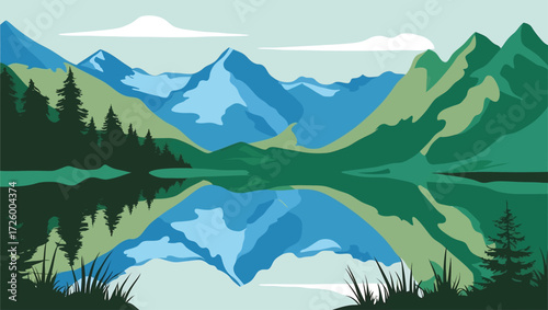 Serene mountain lake reflection with evergreen trees and clouds