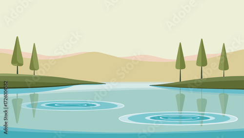 Calm lake with ripples and trees on the shore under a pale sky