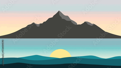 Serene mountain landscape with sunrise over water