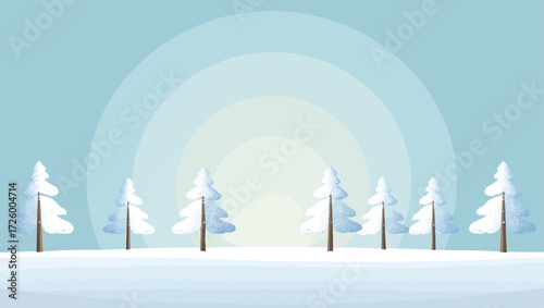 Winter landscape with snow covered pine trees and soft light