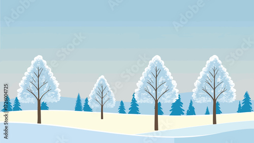 Winter landscape with snow covered trees and evergreen forest