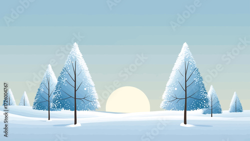 Winter landscape with snow covered trees and a pale sun