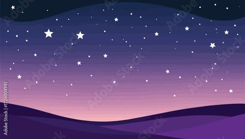 Whimsical starry night sky over rolling purple hills