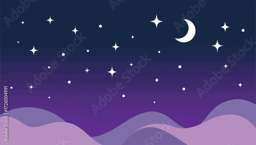 Stylized night sky with crescent moon and stars over purple hills