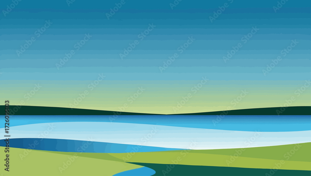 Obraz premium Abstract landscape with rolling green hills and a calm blue lake