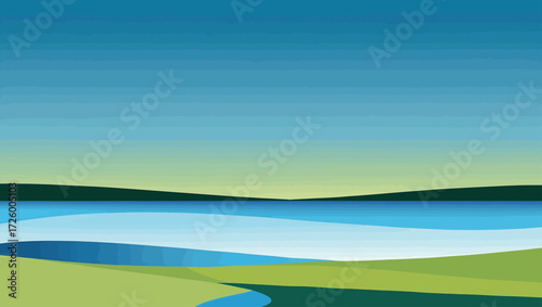 Abstract landscape with rolling green hills and a calm blue lake