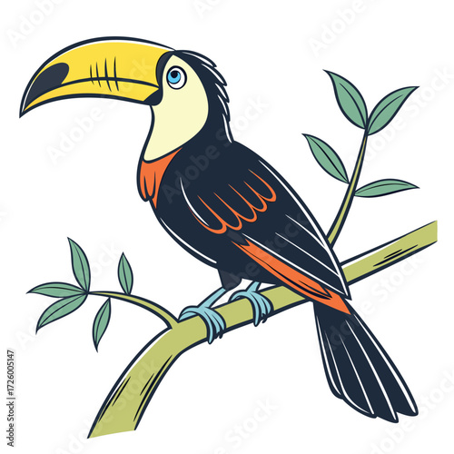 Cartoon Toucan Bird Perched on a Branch with Leaves Keywords: toucan, bird, cartoon, tropical, exotic