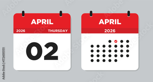 April 2 2026 Thursday Calendar Vector Illustration. April 2 calendar page. Day calendar with date April 2. Week Starts on Sunday. Checklist day calendar. Modern Flat Calendar template icon