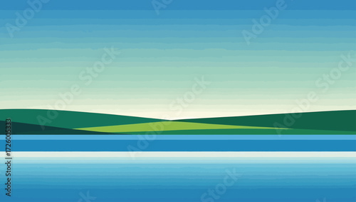 Stylized landscape with rolling green hills and blue water