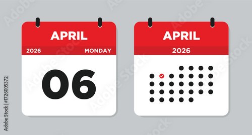 April 6 2026 Monday Calendar Vector Illustration. April 6 calendar page. Day calendar with date April 6. Week Starts on Sunday. Modern Flat Calendar template icon