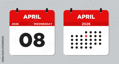 April 8 2026 Wednesday Calendar Vector Illustration. April 8 calendar page. Day calendar with date April 8. Week Starts on Sunday. Checklist day calendar. Modern Flat Calendar template icon