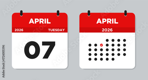 April 7 2026 Tuesday Calendar Vector Illustration. April 7 calendar page. Day calendar with date April 7. Week Starts on Sunday. Checklist day calendar. Modern Flat Calendar template icon