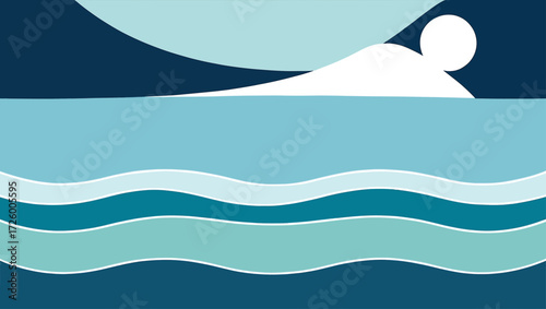 Abstract minimalist illustration of a person swimming in blue water waves