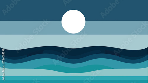 Abstract minimalist seascape with layered waves and a full moon