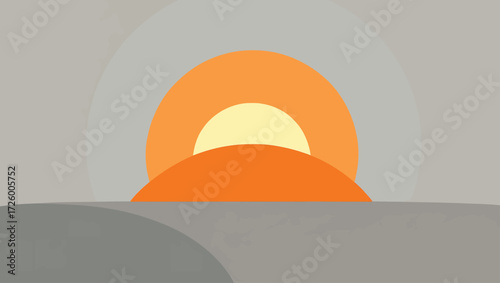 Abstract sunrise or sunset with orange and yellow sun over gray landscape