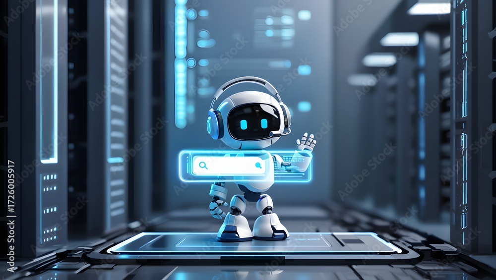 Fototapeta premium Happy robot. 3d ai character, chat bot mascot isolated on transparent background, GPT chatbot icon. Artificial intelligence, trendy technology, support service, funny automation computer