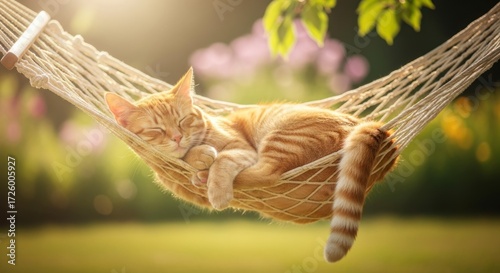 Golden Hour Serenity - A Content Ginger Tabby Cat Lounging in a Sunlit Garden Hammock.