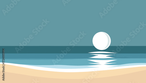 Minimalist beach scene with sun reflecting on calm ocean waves and sandy shore