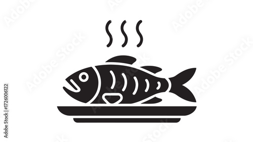 Steaming fish on a plate black glyph vector icon isolated on white background