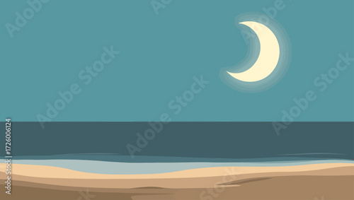 Serene beach scene under a crescent moon at twilight